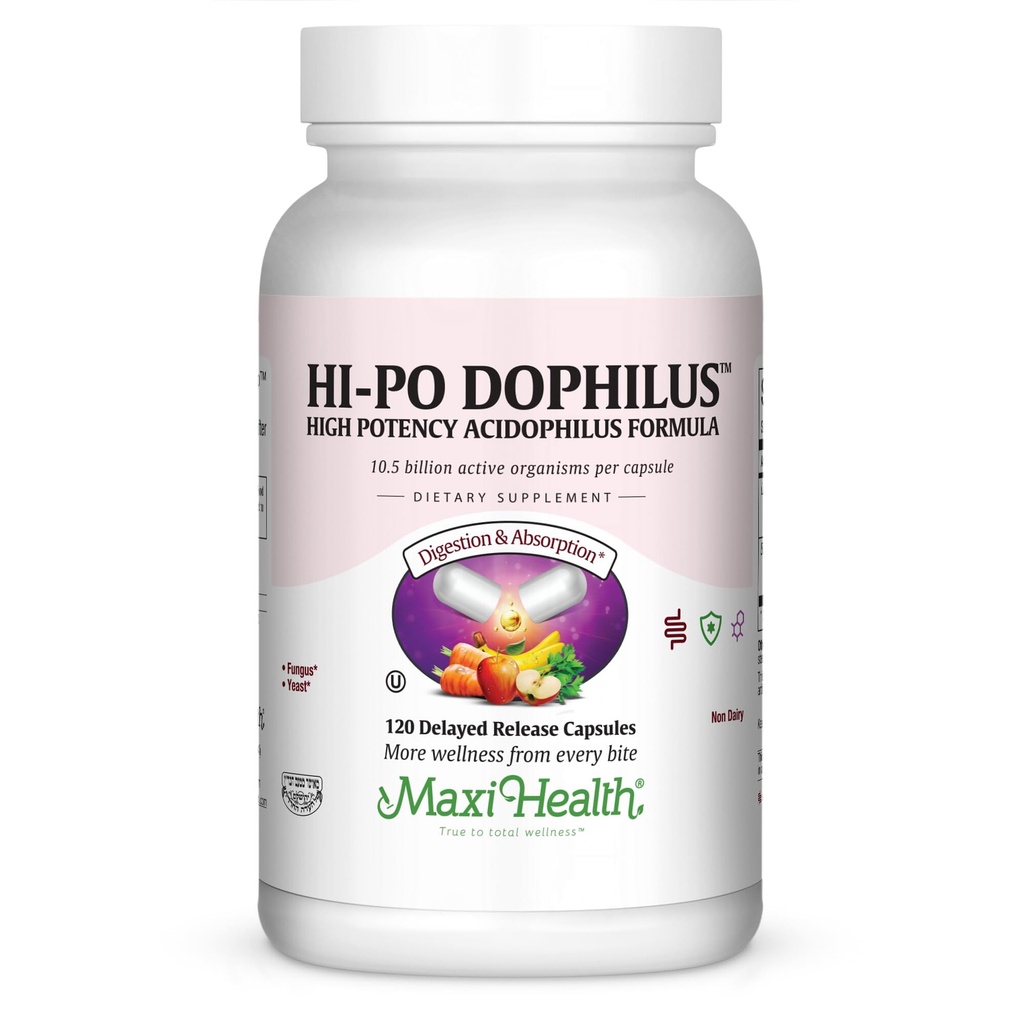 Maxi Health Hi-Po Dophilus Probiotics for Digestive Health & Immune Support – Probiotics for Women and Men with 10.5 Billion CFU – Kosher, Vegan, Non-Dairy, 120 Capsules