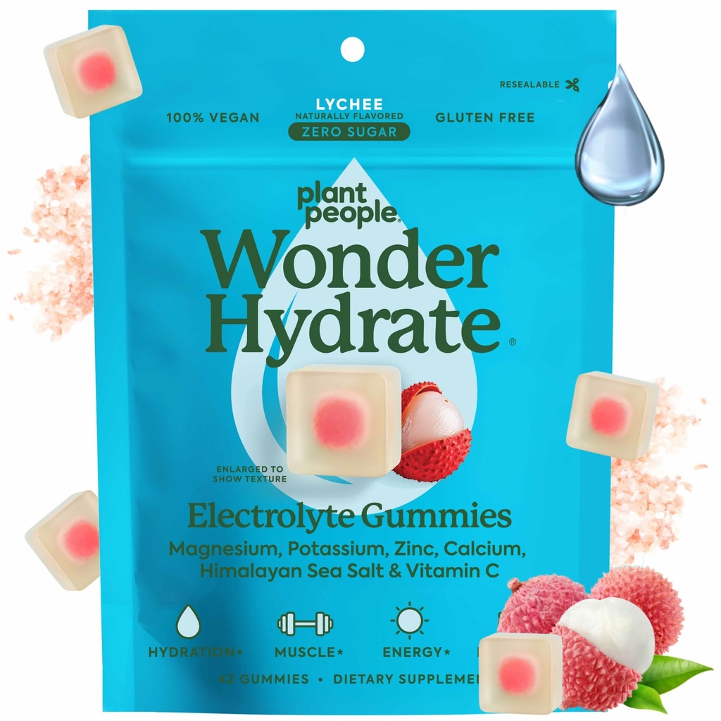 Plant People WonderHydrate Sugar Free Electrolyte Gummies - Vegan Hydration Chews with Magnesium, Potassium, Zinc, Vitamin C & Himalayan Sea Salt - Zero Sugar Lychee (42 Count)