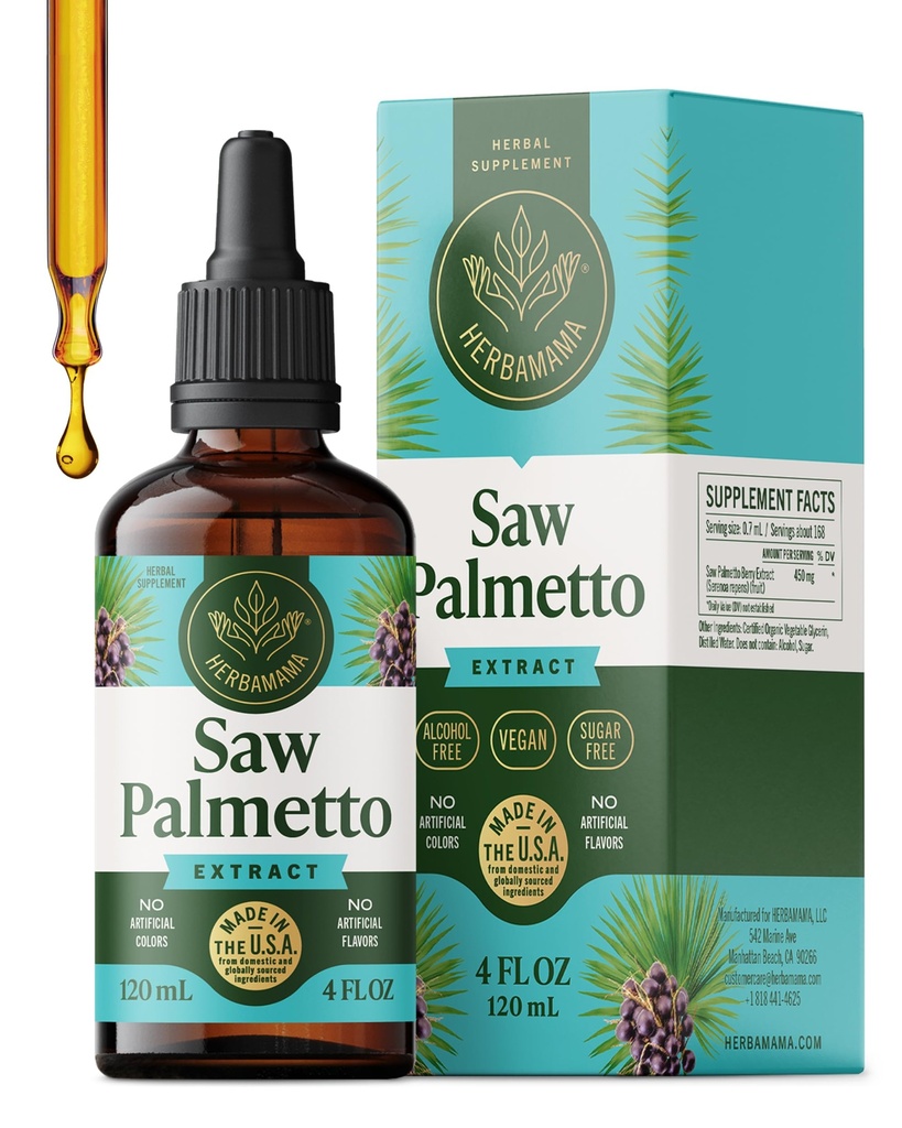 HERBAMAMA Saw Palmetto Extract - Herbal Supplement for Hair & Urinary Health Support - Daily Wellness Formula for Men & Women - Non-GMO, Alcohol & Sugar-Free, 168-Day Supply
