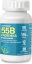 55B Probiotika Premium - 55 Millioner CFU, 12 Stammer, 185mg Prebiotic - immunforsvar, fordøjelsesbesvær & Gut Sundhed - Understøtter lejlighedsvis obstipation, Gas & Bloating - 30 Veganske kapsler, 30 dages forsyning