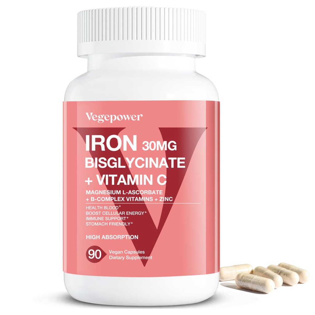 Iron Supplements for Women Mænd, Vegan Iron Bisglycinate 30mg Plus Vitamin C, B12, Folinsyre - Iron Pills for Anæmi, Health Blood & Energy Support - Tænde, Høj Absorption, Non- GMO - 90 Kapsler