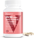 Iron Supplements for Women Mænd, Vegan Iron Bisglycinate 30mg Plus Vitamin C, B12, Folinsyre - Iron Pills for Anæmi, Health Blood & Energy Support - Tænde, Høj Absorption, Non- GMO - 90 Kapsler