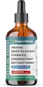 Creatin monohydrat og vitamin B12 dråber - Med Beet Root Powder, Organic Green Tea & Ginseng - Vegan, Hurtigere absorption end Creatin Gummies - Energi & Vitality Support (Strawberry Lemonade, 60ml)