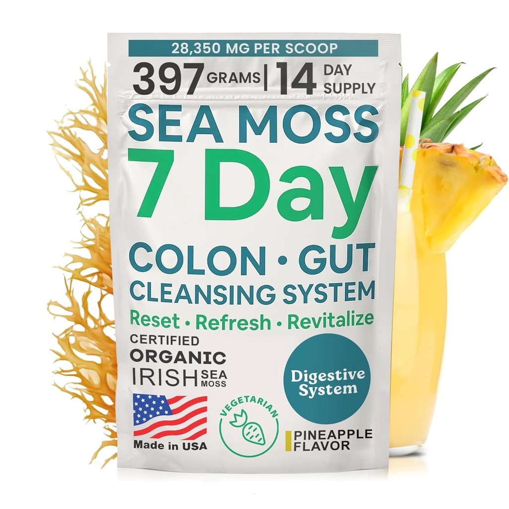 Atlantic Naturals Sea Moss 7-Day Colon & Gut Rensning - Gyldne Hør Frø, Psyllium Husk, Senna pulver, for kvinder og mænd - Ananas Arv Drink Mix (14 oz)
