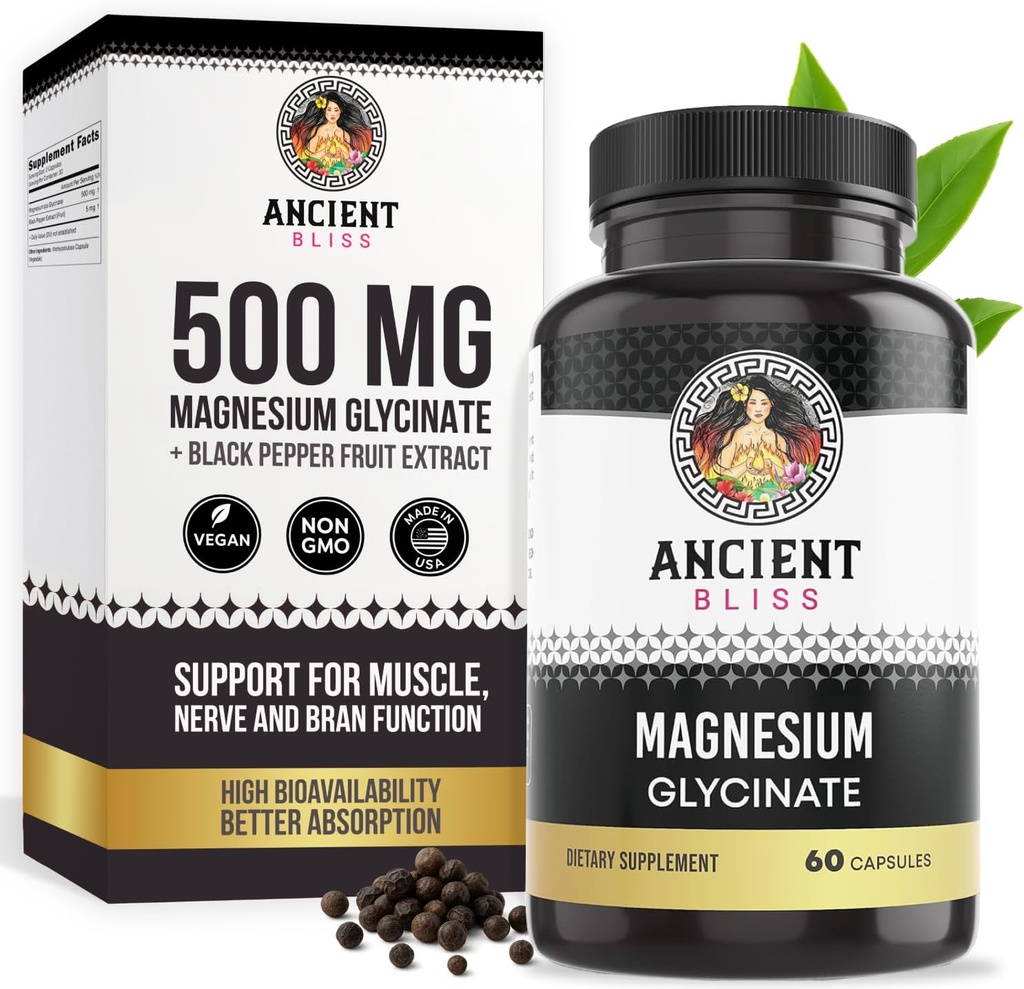 Ancient Bliss Magnesium Glycinate for Muscles & Nerves, fordøjelses- og immunsupporttillæg, Magnesiumtillæg for kvinder og mænd (60 kapsler)