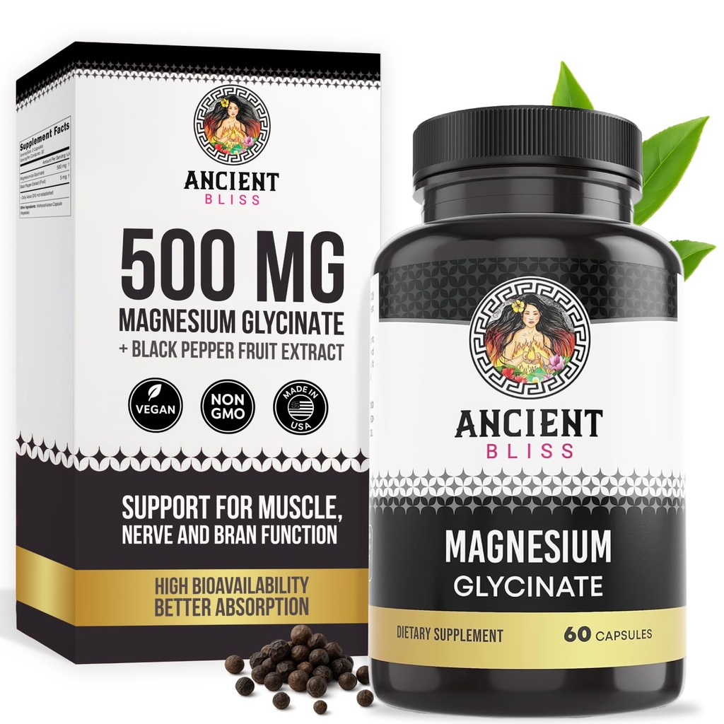 Ancient Bliss Magnesium Glycinate for Muscles & Nerves, fordøjelses- og immunsupporttillæg, Magnesiumtillæg for kvinder og mænd (60 kapsler)