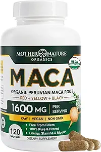 Moder Natur USDA Organic Maca Root Black + Red + Gule Kapsler Peruvian Maca til mænd og kvinder 1600mg, Vegan piller, Understøtter Mood, Hormonal Balance Reproduction & Energy (90ct)