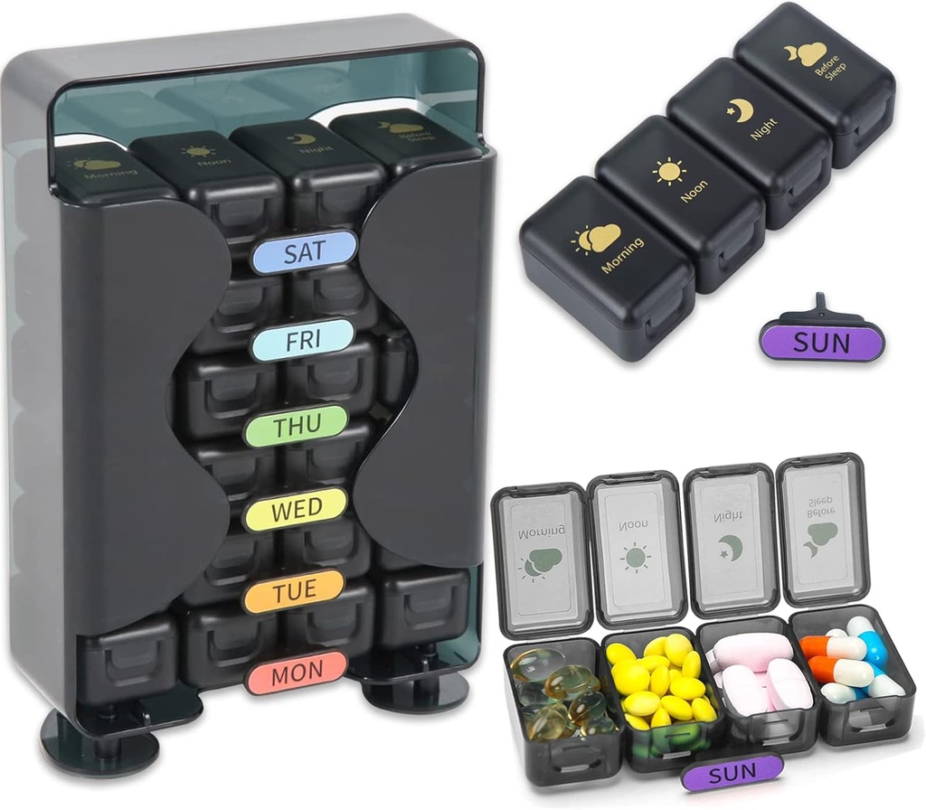 Ugentlig Pill Organizer 7 Dag 4 gange en dag - Stor Pill Box Organizer med Skuespiller designet Daglig Pill Organizer til at holde medicin, medicin, vitaminer og fiskeolier (sort)