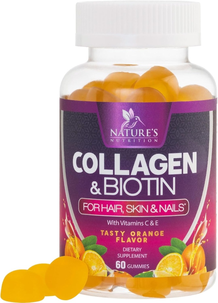Collagen Gummies with 2500mcg Biotin, Vitamin C & Zinc - Hydrolyzed Collagen Peptide Type 1 & 3 Supplement - Advanced Hair, Skin & Nail Growth Support for Women & Men, Gluten Free, Non-GMO - 60 Count