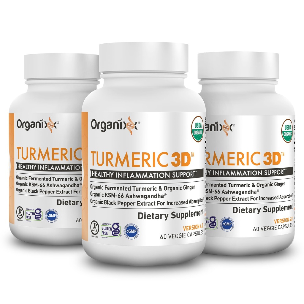 Organixx USDA Organic Turmeric Curcumin Supplement with Ashwagandha, Vitamin D, Turmeric & Ginger – Fermented for Maximum Bioavailability, 60 Count (Pack of 3)