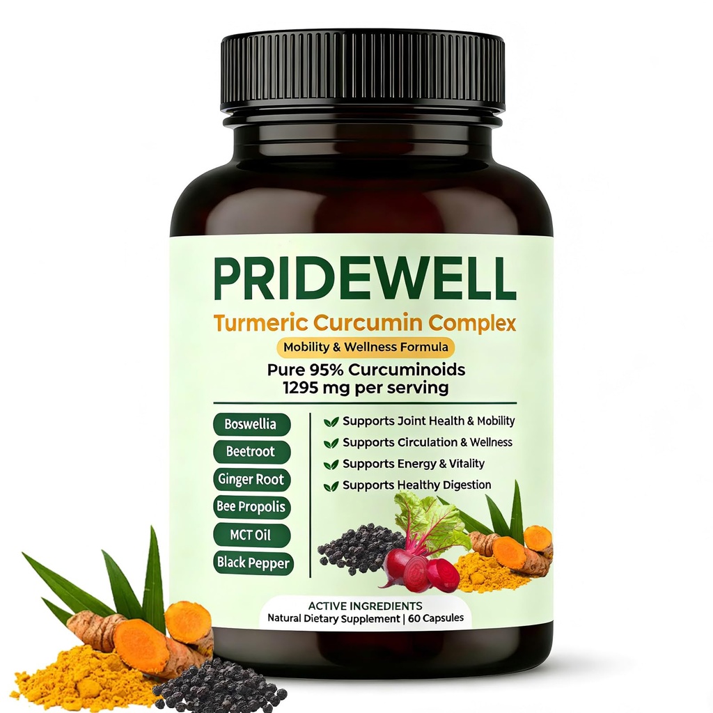 PRIDEWELL Powerful Natural Turmeric Curcumin Capsules | (1,295 MG) 95% Curcuminoids with Bee Propolis, Ginger, MCT Oil, Fat-Soluble Vitamin C, Beetroot & Black Pepper | 60 Capsules