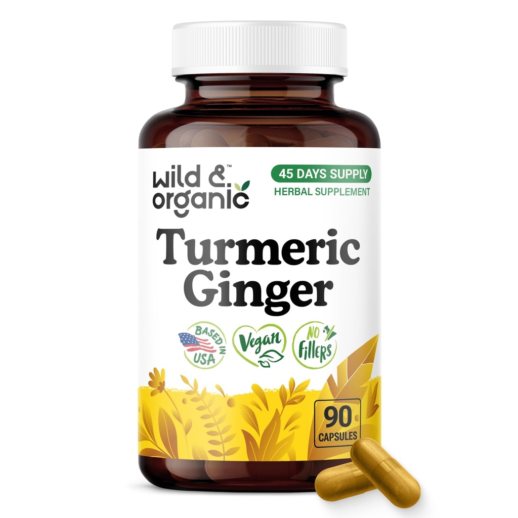 Wild & Organic Turmeric and Ginger Supplement Capsules - Mobility & Immune Support - Turmeric Ginger Black Pepper Supplement - 45 Days of Supply - Vegan, No Fillers, Non-GMO - 90 Count