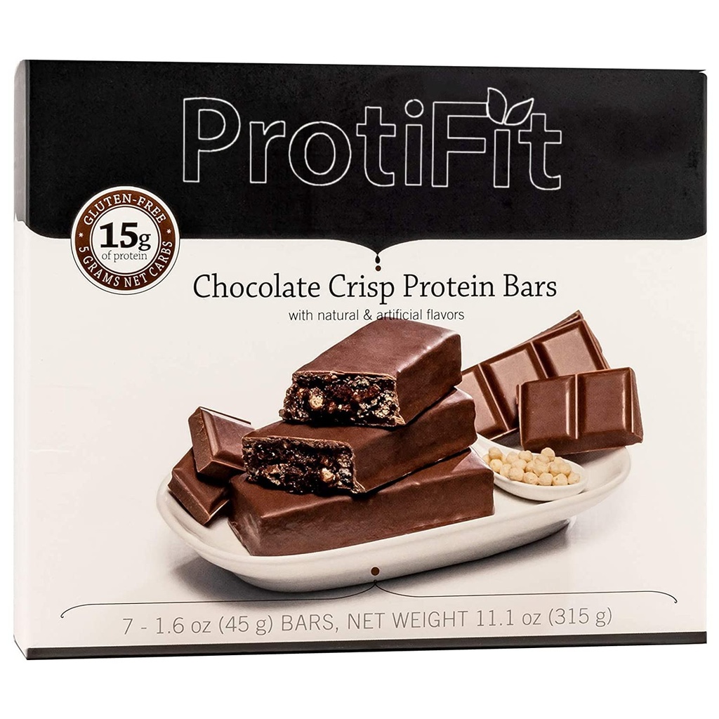 PROTIFIT - Low Calorie Snack Bar for Healthy Diets, High Protein, 15g Protein, Low Carb, Low Sugar, Ideal Protein Compatible, 7 Servings Per Box (Chocolate Crisp)