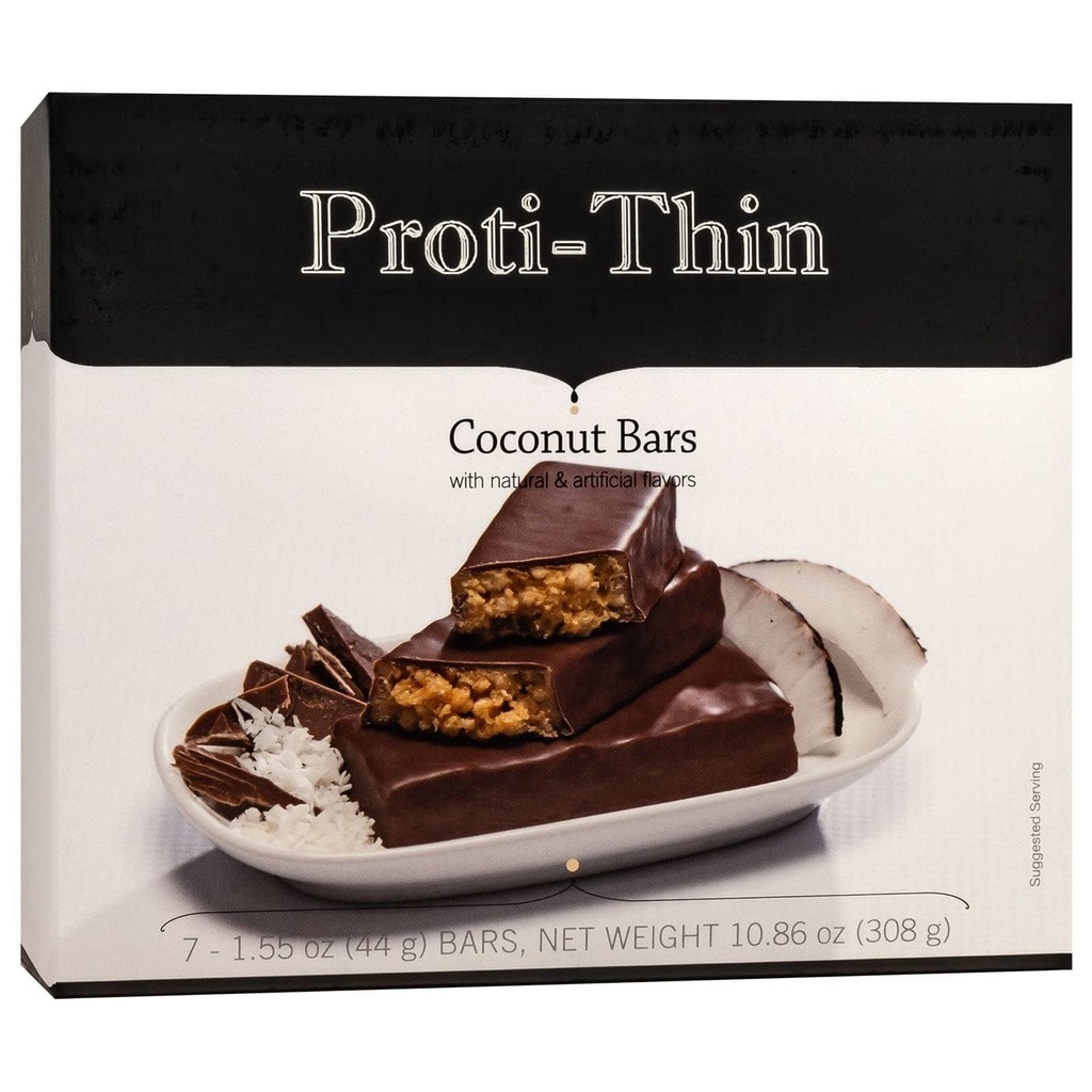 Proti-Thin Coconut Crunch Protein Bars, 15g Protein, Low Calorie, Very Low Carb (VLC), Low Fat, High Fiber Snack Bar, KETO Diet Friendly, Ideal Protein Compatible, No Gluten Ingredients, 7/Box
