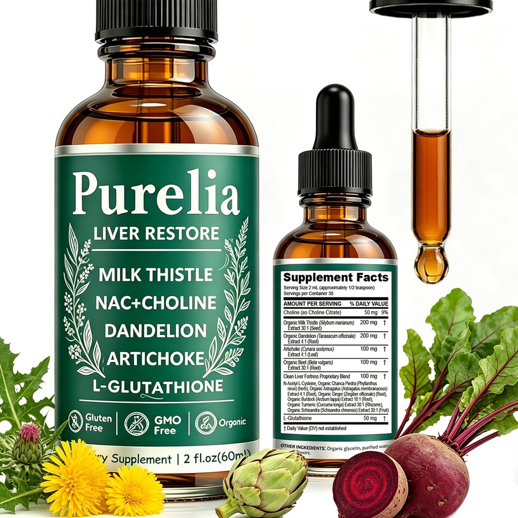 Purelia Liver Restore, 2.02FL OZ Liver Restore Drops, Complete Liver Support Supplement with Milk Thistle, Dandelion Root, L-Glutathione & Choline for Natural Balance & Liver Cleanse