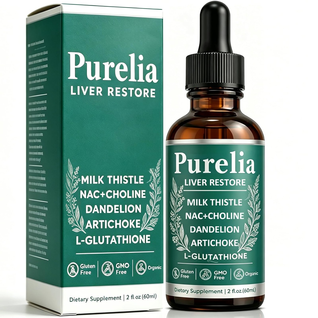 Purelia Liver Restore, Complete Liver Support Drops, with Milk Thistle, Dandelion, Choline, L-Glutathione for Liver Cleanse, Non-GMO, Gluten Free, 2Fl Oz(60ml)