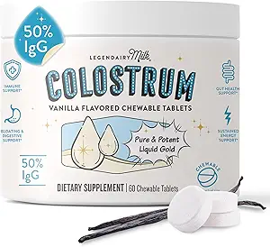 Legendairy Milk Colostrum Supplement - Premium Bovine Colostrum til mennesker - 50% IgG Immunoglobulin til immunforsvar & Gut Sundhed - Energi & Muskel Inddrivelse - Vanilla Chewable Tablets, 30 Servering