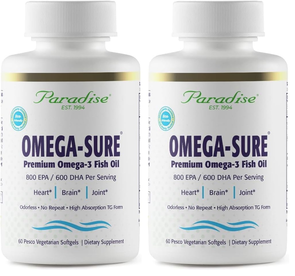 Paradise Herbs Omega-Sure, Omega-3 Concentrate, Premium Fish Oil, DHA, EPA, Vegan, Non GMO, Gluten Free, 60 Count Vegetarian Softgels (Pack of 2)