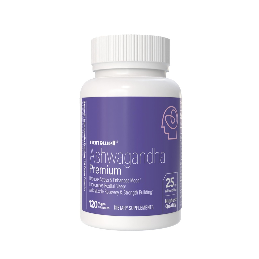 NANOWELL Ashwagandha Premium - 120 Vegan Capsules – High Potency – 5% Withanolides Root Extract, Organic Ashwagandha Powder, Mixed Berries - Supports Relaxation & Mood Balance - 60 Servings