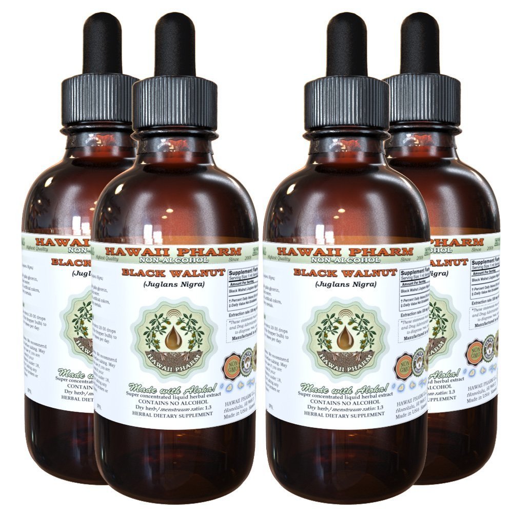 Hawaii Pharm Black Walnut Alcohol-Free Liquid Extract, Black Walnut (Juglans Nigra) Dried Hull Glycerite Natural Herbal Supplement 4x4 oz