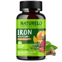 NATURELO Vegansk jerntilskud med C-vitamin og økologiske hele fødevarer - Tunge jernpiller til kvinder og mænd med jernmangel, herunder graviditet, anæmi og Vegansk kost - 180 Mini kapsler