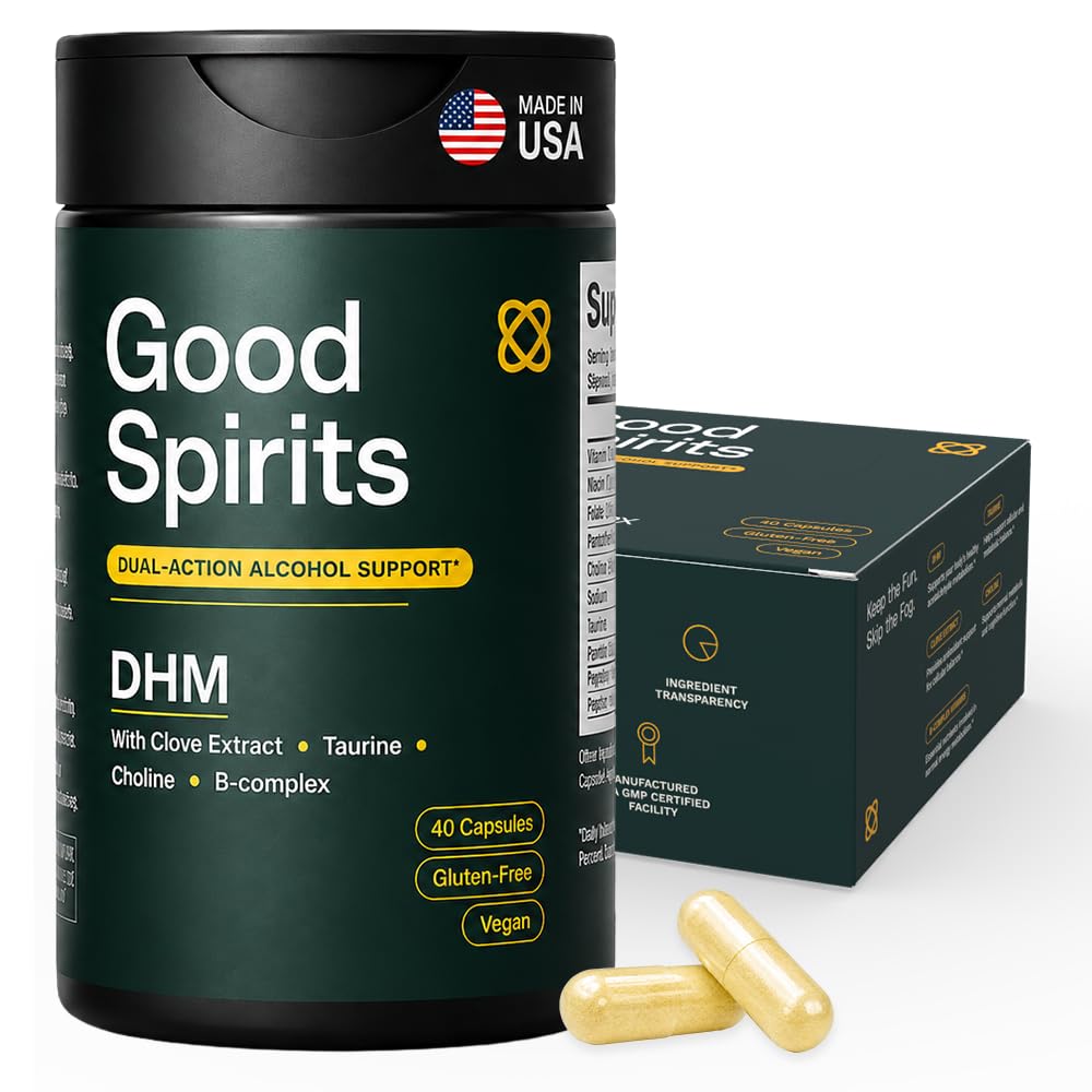 Good Spirits DHM Alcohol Aid – Dual-Action Pre- & Post-Drinking Support | Vegan | Clove, Choline, Taurine & B Vitamins | Supports Stable Energy | Pharmacist-Formulated | 40 Capsules