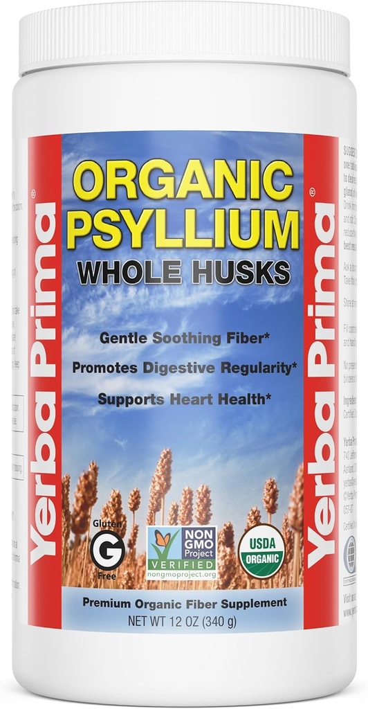 Yerba Prima Organic Psyllium Hele husene 12 oz - Natural Dietary Fiber Supplement, Non GMO, Gluten Free, Keto og Vegan Friendly for Regularity Support, Unflavored