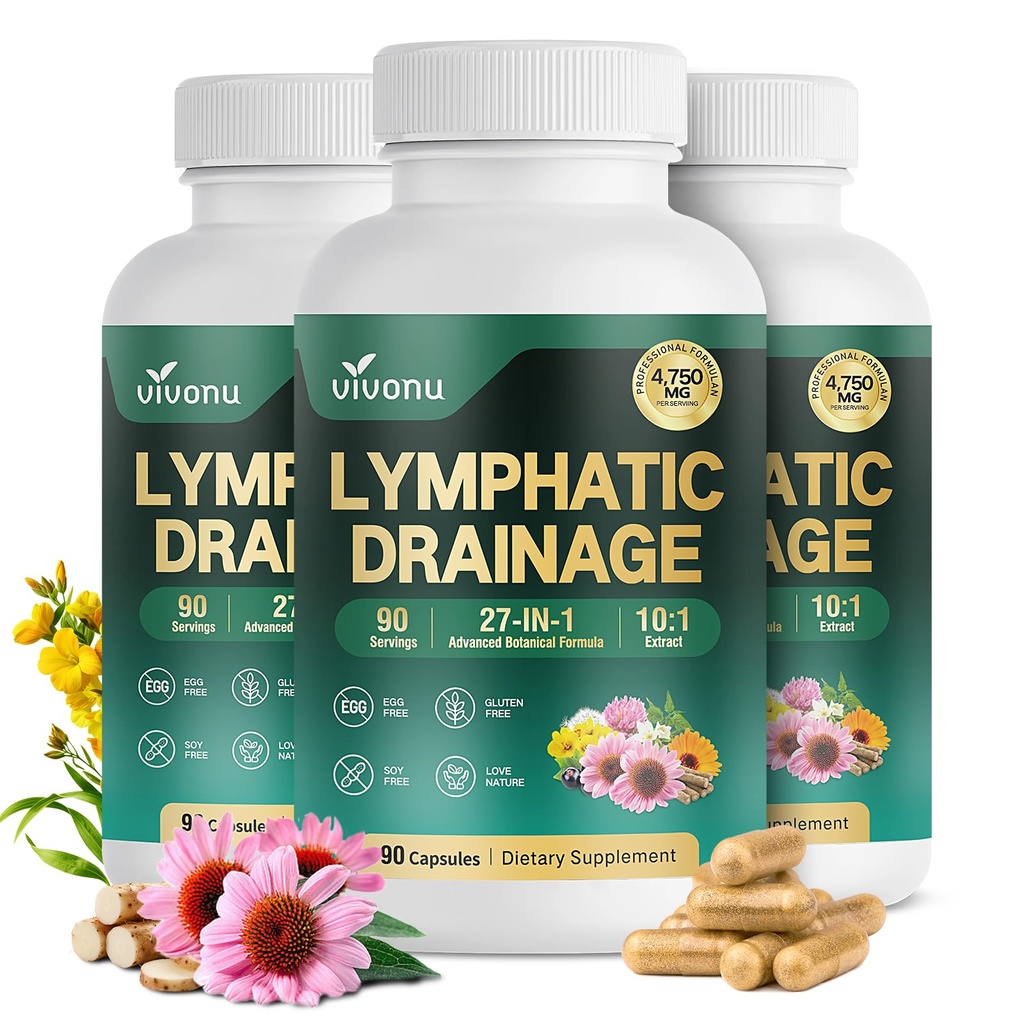 VivoNu 27-in-1 Liposome Lymphatic Drainage Supplements, 180 Day Supply with Echinacea, Chlorophyll, Dandelion, Burdock, Mullein Leaf Extract for Lungs, 10:1 Concentrated Technology, 3 Bottle