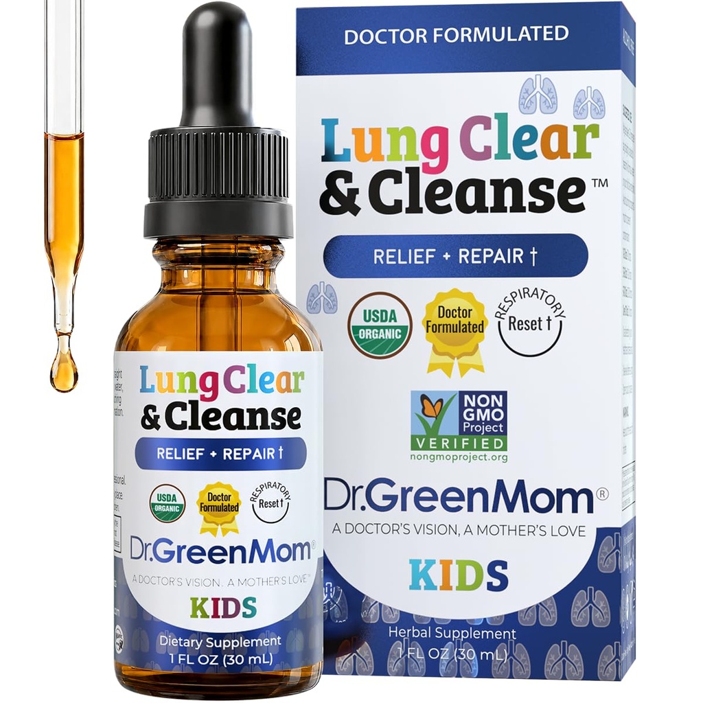 Dr Green Mom Lung Clear & Cleanse — Kids Lung & Bronchial Support Drops — Mullein Respiratory Supplement for Kids — Easy Breathing & Immune Support During Increased Exposure to Pollution — 1 fl oz