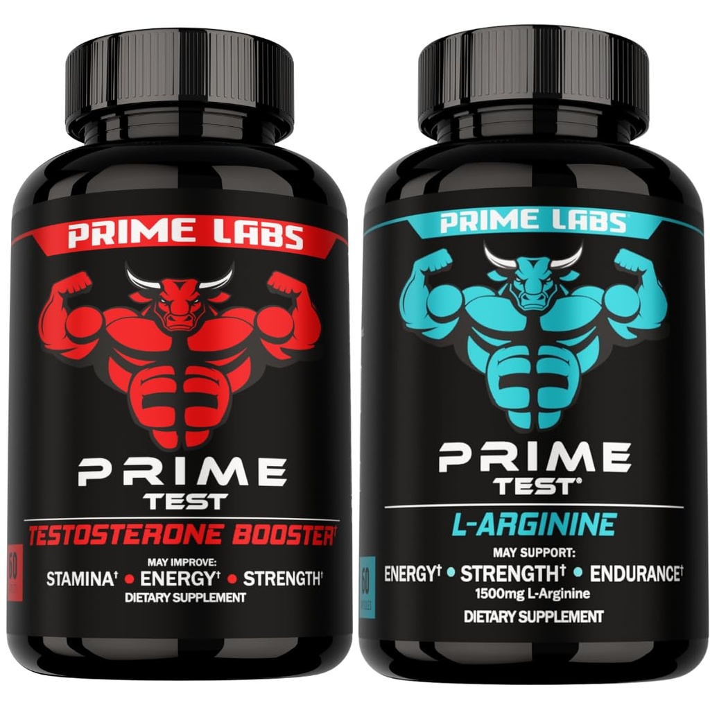 Prime Labs Prime Test Testosteron Booster + L Arginin nitrogenoxid kapsler - 60 Tæl hver