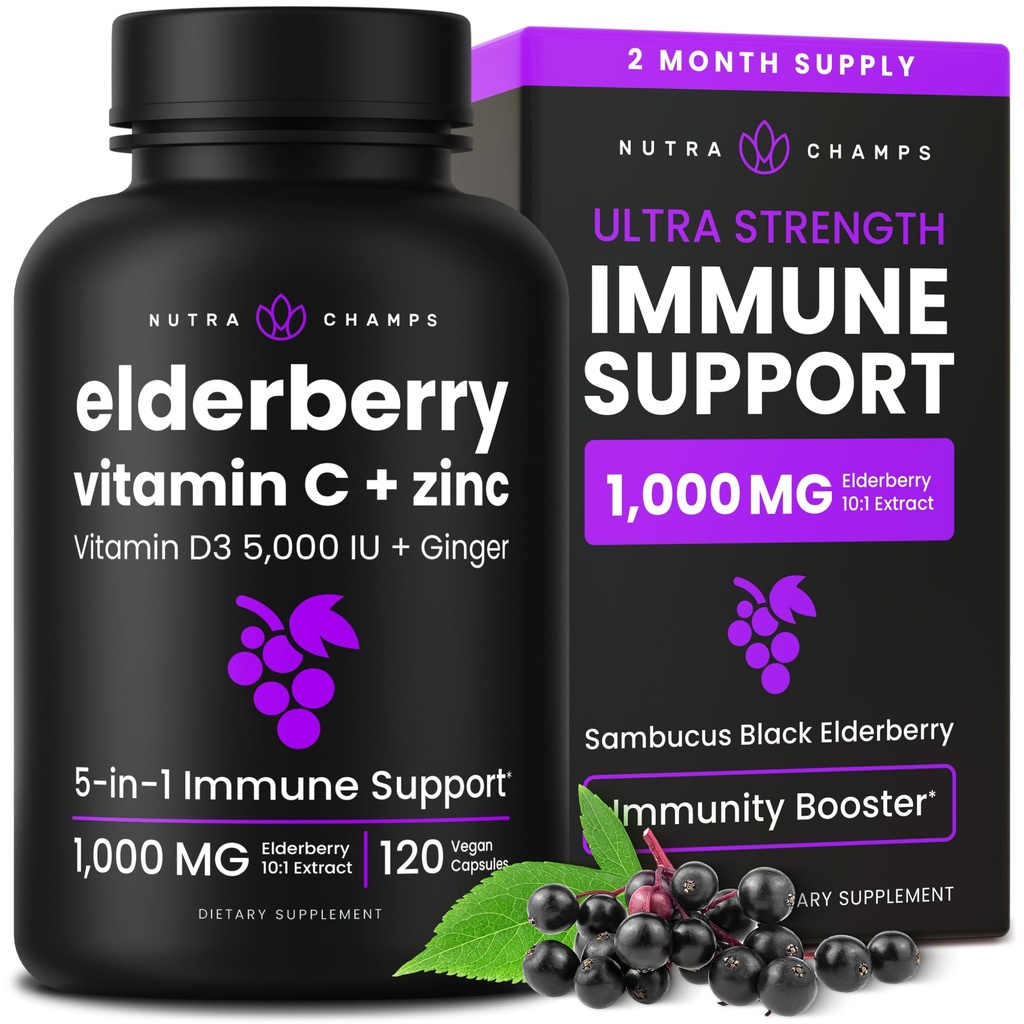 NutraChamps Elderberry med vitamin C og zink - 5 i 1 Immunitetstillæg, 10. 000 mg Sambucus Black Elderberry Kapsler med vitamin D3 5000 IE, Sambucus Elderberry Extract immunforsvar til voksne