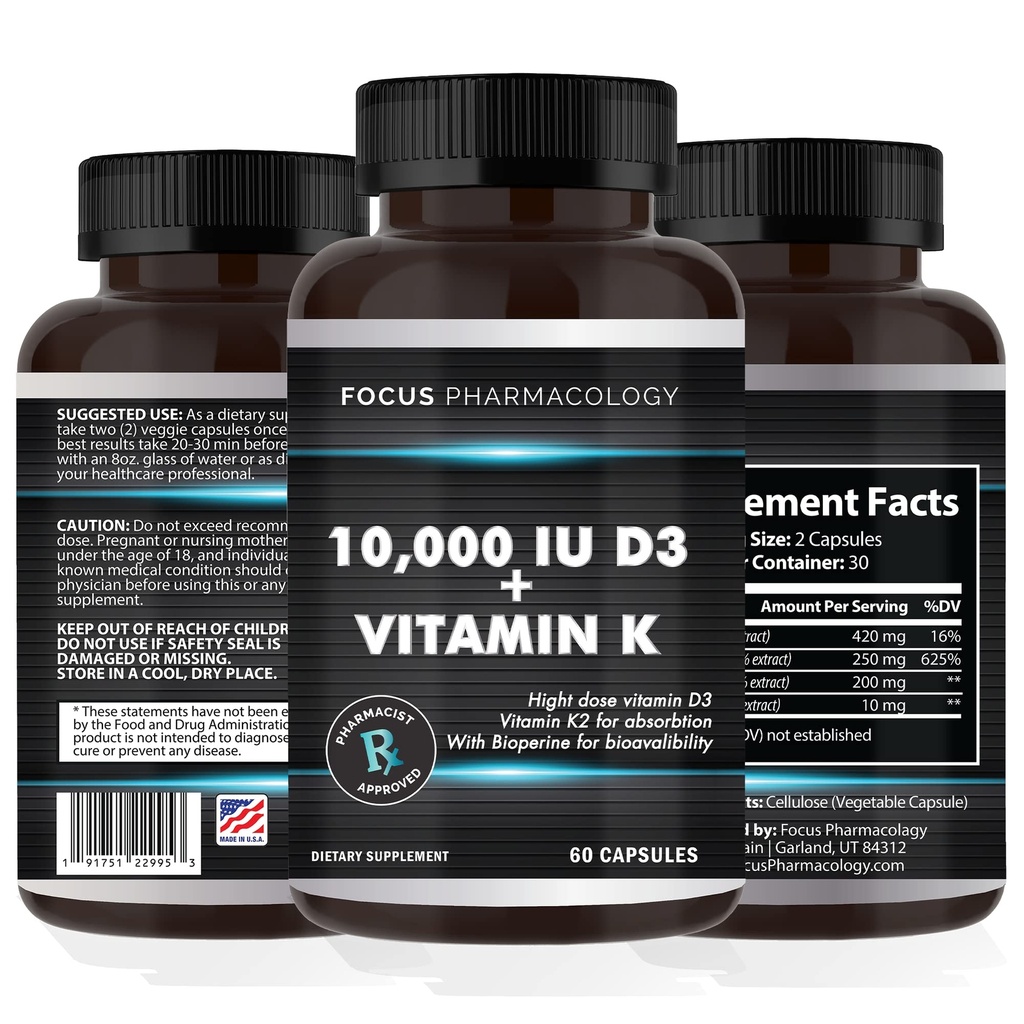 Vitamin K2 med D3 Extra Strength Supplement Knogle- 124; Heart Health Non- GMO Formel 10.000 IE Vitamin D3 & 200 mcg Vitamin K2 (MK7)