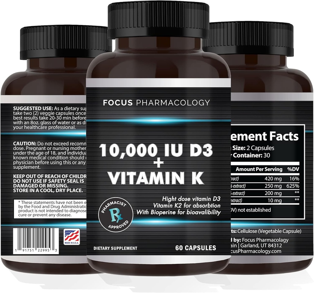 Vitamin K2 med D3 Extra Strength Supplement Knogle- 124; Heart Health Non- GMO Formel 10.000 IE Vitamin D3 & 200 mcg Vitamin K2 (MK7)