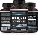 Vitamin K2 med D3 Extra Strength Supplement Knogle- 124; Heart Health Non- GMO Formel 10.000 IE Vitamin D3 & 200 mcg Vitamin K2 (MK7)
