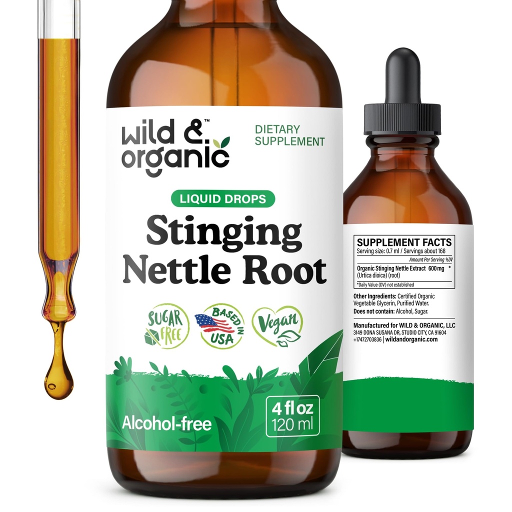 Wild & Organic Stinging Nettle Tinktur - Stinging Nettle Root Extract Drops til mænd og kvinder - Liquid Urtica Dioica Supplement - Vegan, Sukker & Alkohol- Free - 4 fl oz