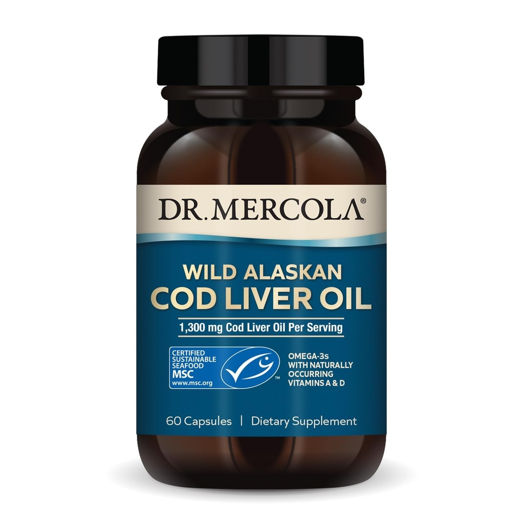 Dr. Mercola Cod Lever Oil, 1.300 mg per servering, 30 Servering (60 kapsler), Kosttilskud, understøtter hjerne, ben og fælles sundhed, ikke-GMO, MSC Certificeret