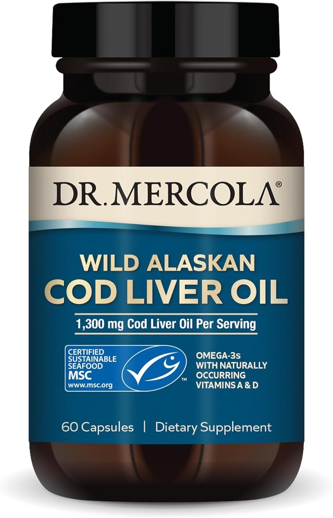 Dr. Mercola Cod Lever Oil, 1.300 mg per servering, 30 Servering (60 kapsler), Kosttilskud, understøtter hjerne, ben og fælles sundhed, ikke-GMO, MSC Certificeret