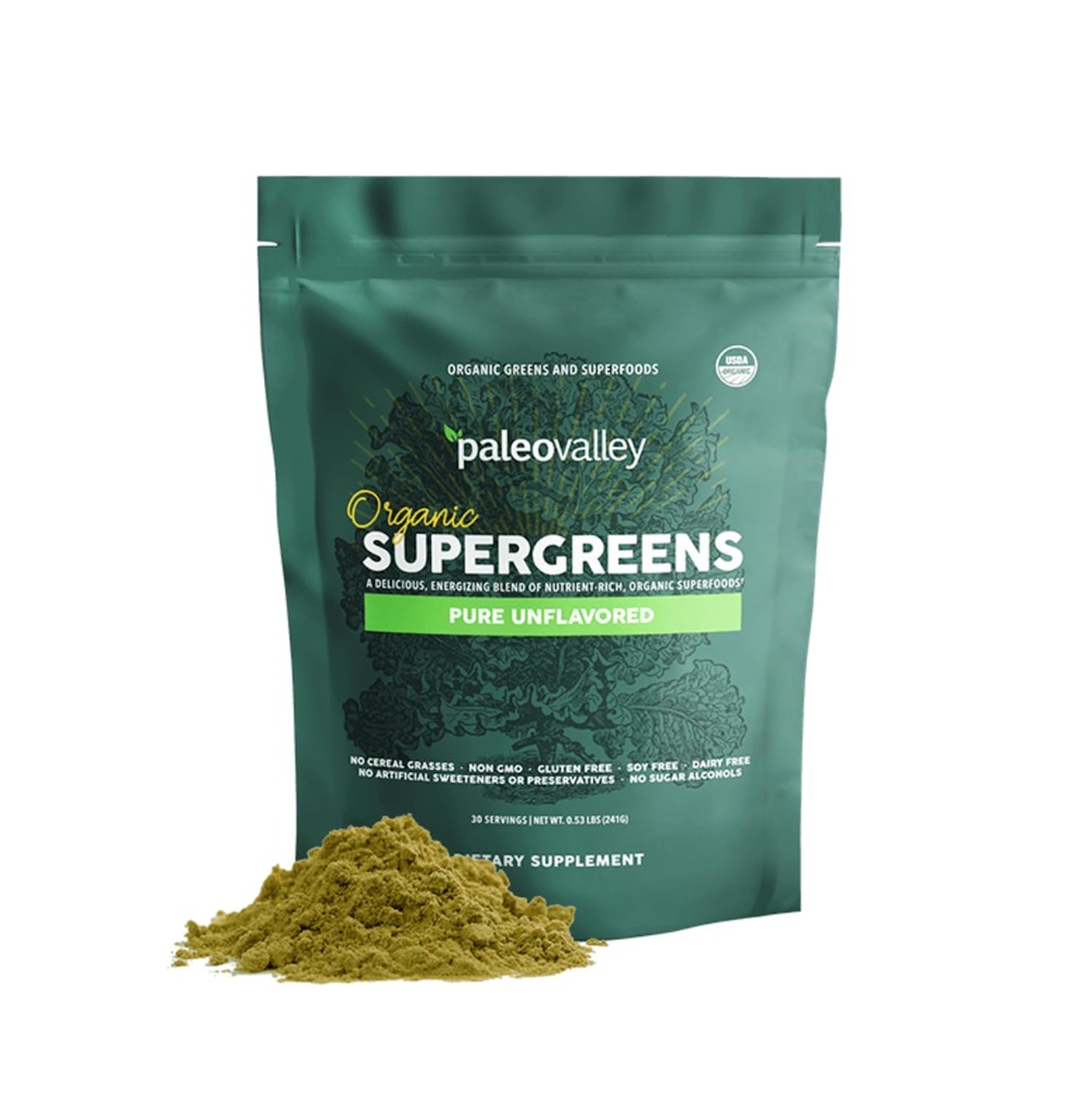 Paleovalley Organic Supergreens Powder - 23 Superfoods with Prebiotic Fiber for Energy and Immunity Support - No Cereal Grasses for Maximum Absorption - Pure Unflavored, 30 Servings