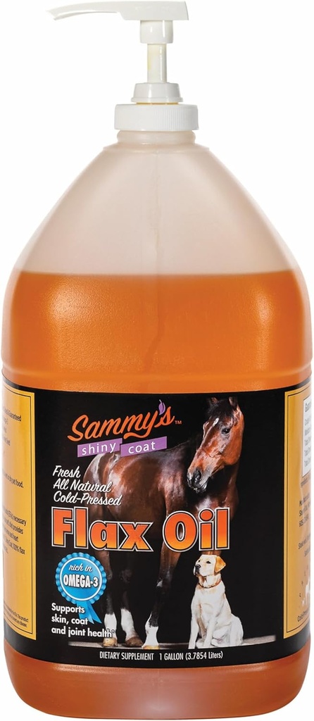 Sammy 's Shiny Coat Flax Oil for Heste, Pure Flaxsee Oil for Horse, Rich in Omega-3 Fedtsyrer, Hør Oil Horse Supplement for Hud og Coat, Immunum, Cardio og fælles støtte, 1 Gallon med gratis pumpe