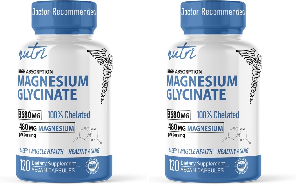 Nature's Fusions Nutri Pure Magnesium Glycinate 3680mg - (Provides 480mg Elemental Magnesium), Chelated for High Absorption, Non-Buffered for Maximum Potency, 120 Capsules (Pack of 2)
