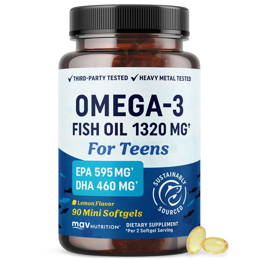 Omega 3 Fish Oil for Teens | Brain Health, Focus & Mood Support | 1120mg Omega3 | 595mg EPA + 460mg DHA | Fish Oil Omega 3 Supplements for Teens | Sustainably Sourced & Non-GMO | 60 Mini Softgels
