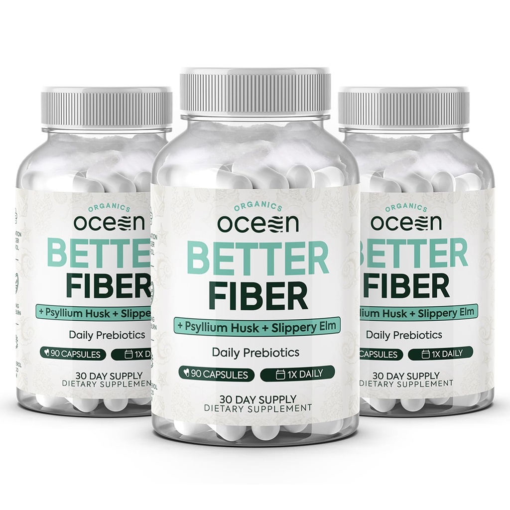 Organics Ocean Better Fiber - Daily Fiber Supplement - Smeltet afføring for Effors tarmbevægelser - med Psyllium Hulk og Slippery Elm - 3 flasker