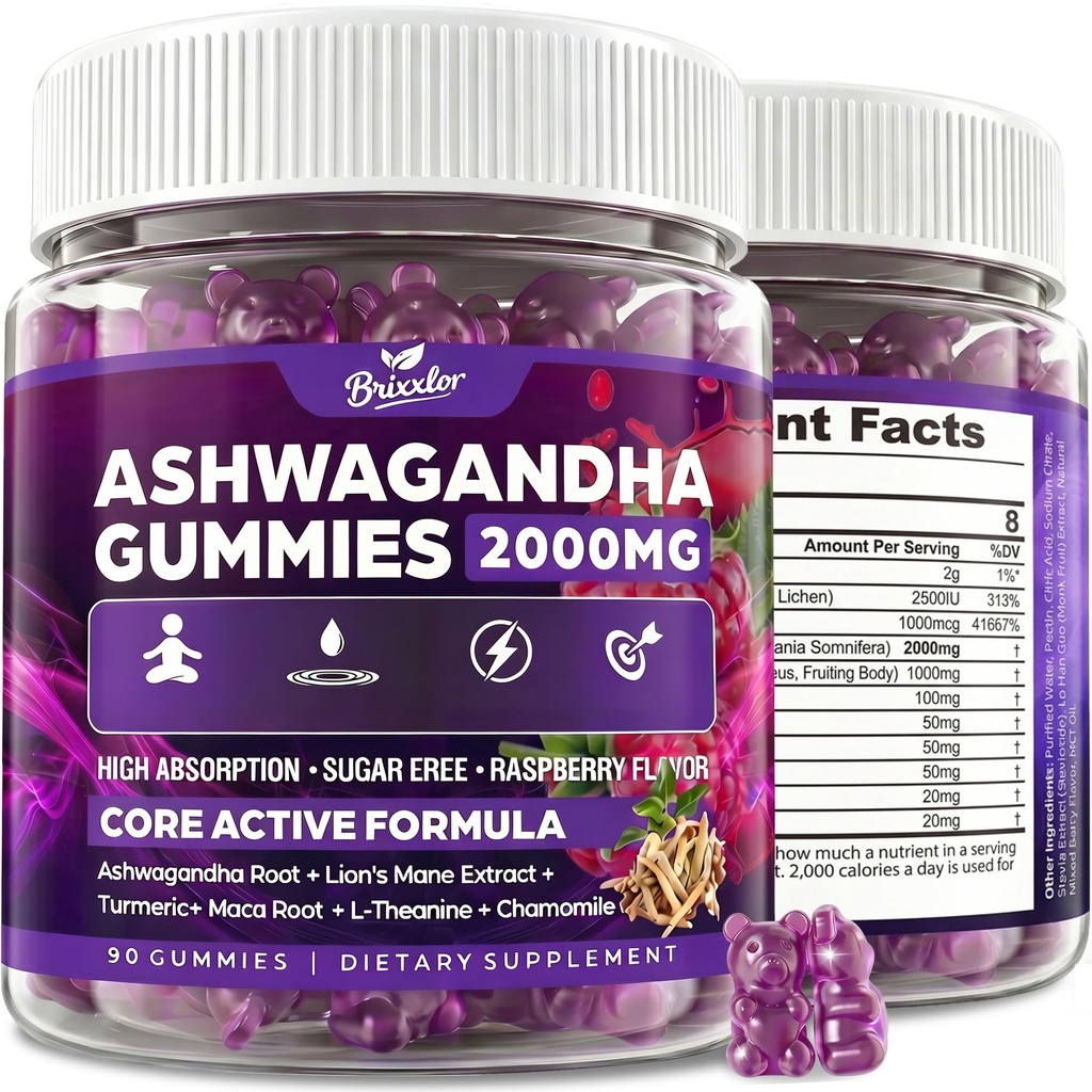 Ashwagandha Gummies - Organic Ashwagandha & Lions Mane Gummies for Adults with Vitamin D3 B12, L-Theanine, Cortisol Supplements for Women & Men, Sugar-Free, Berry Flavor - 90 Counts