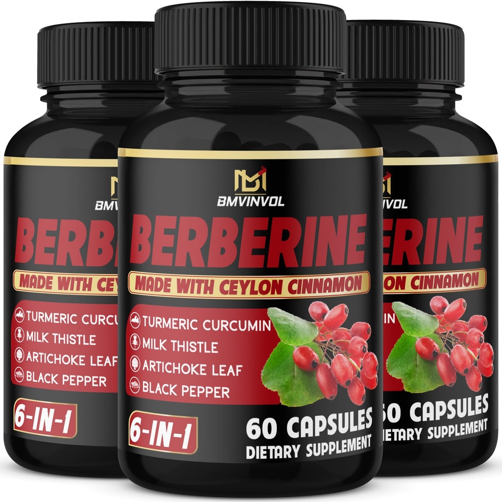 (3 Packs) Berberine Supplement Plus Ceylon Cinnamon, Milk Thistle, Turmeric, Artichoke Leaf, Black Peppe - 6 Month Supply - 180 Capsules Total