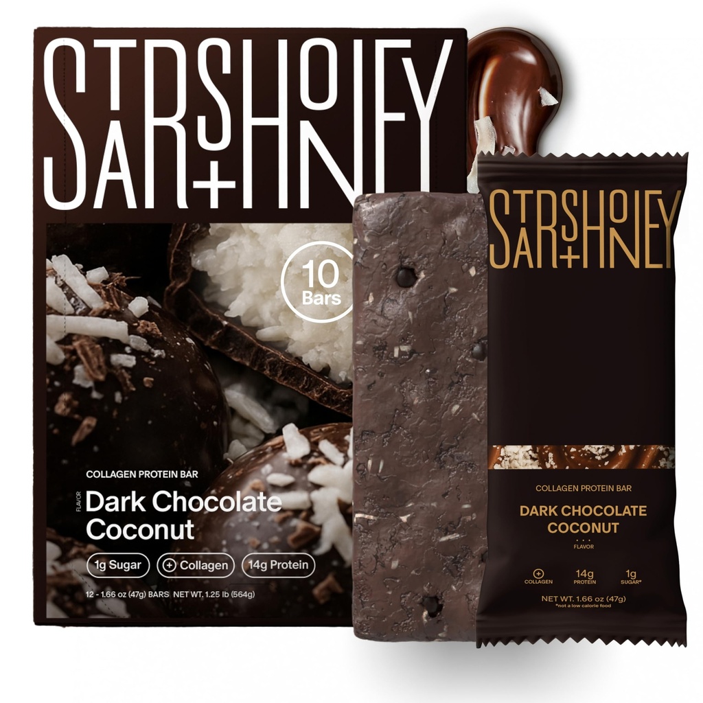 Stars + Honey Protein Bars, Dark Chocolate Coconut, 14g Protein, 1g Sugar, with Collagen Peptides, Dairy Free, Soy & Gluten Free Snacks, Keto Friendly, No Seed Oils or Sugar Alcohols, 10 Pack