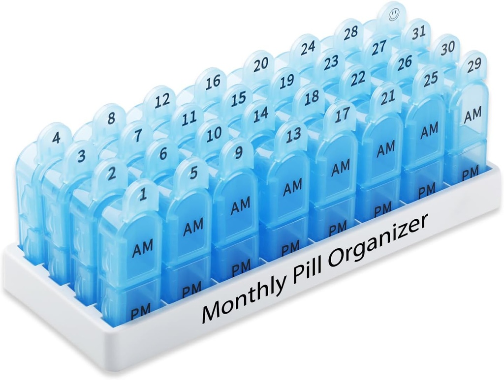Daviky Monthly Pill Organizer 2 gange om dagen, 30 dag Pill Box AM PM med separat Container, One Monthly Medicine Case To gange om dagen til at holde vitaminer, kosttilskud og medicin (blå)