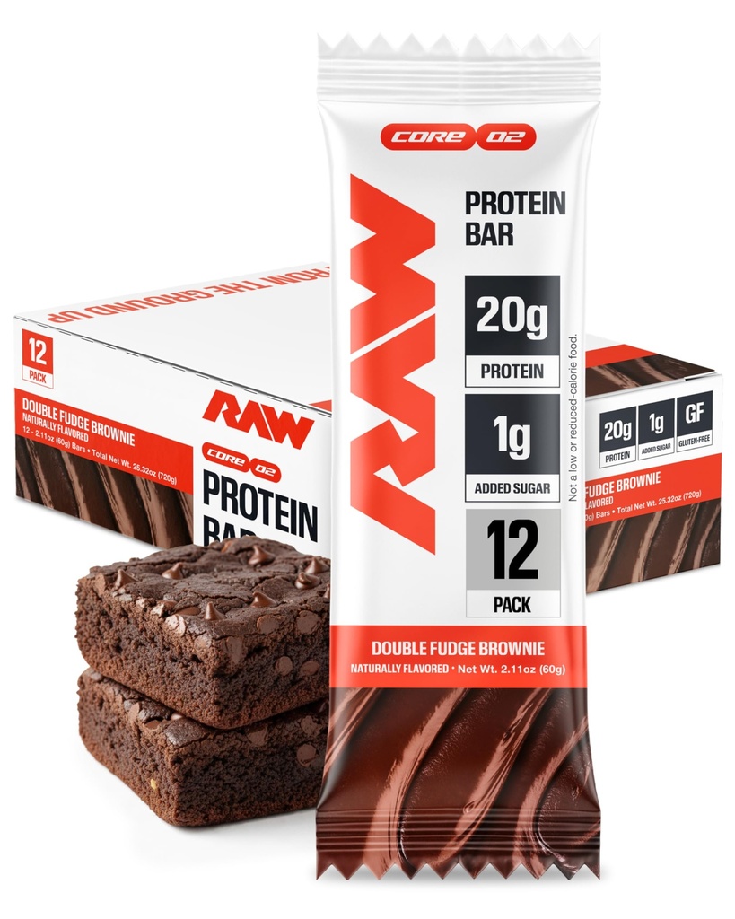 RAW Nutrition Protein Bars, Double Chocolate Fudge, 20g Whey Protein, Low Sugar, Better-for-You Candy Bars, Gluten Free Chocolate Protein Snack for Muscle Recovery & Gym Fuel, 12 Count