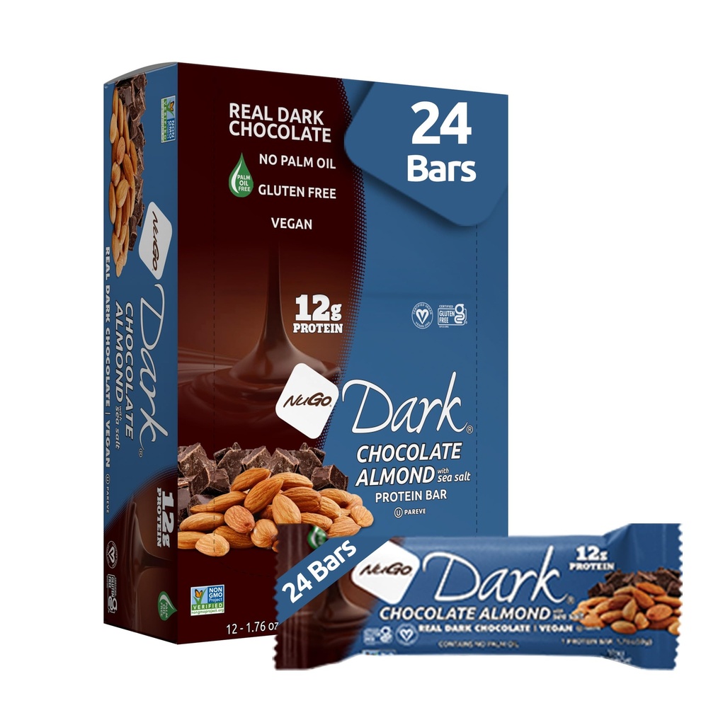 NuGo Dark Chocolate Almond with Sea Salt, 12g Protein Bar, Vegan, Gluten Free, Non-GMO, Kosher Pareve, 24 Count