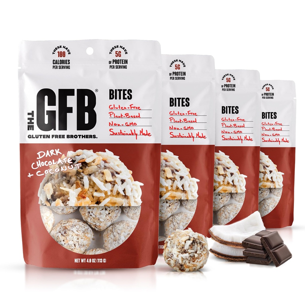 The GFB Dark Chocolate Coconut Protein Bites - Gluten Free, Plant Based, Non GMO, Sustainably Made – Ridiculously Tasty, Healthy, Vegan, Protein Energy Balls, 4 oz (4 Count)