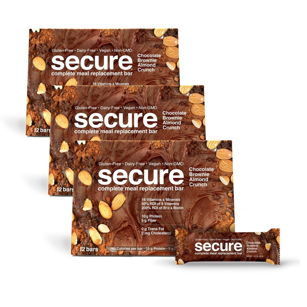 ANDREW LESSMAN Secure Bars 40g - Chocolate Brownie Almond Crunch - High Protein & Fiber Snack - 36 Bars - Non-GMO, Gluten-Free, No Artificial Flavors, Vegan, Low Calorie Meal Replacement